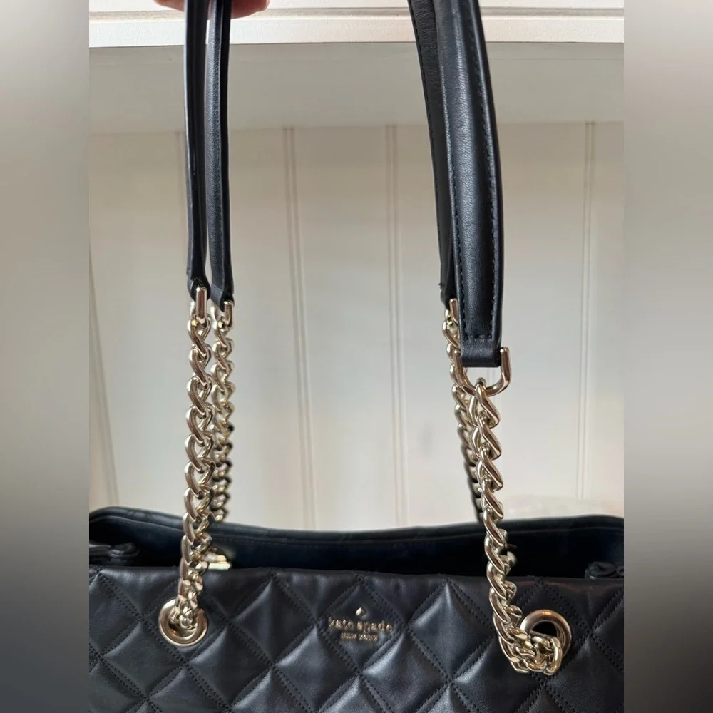Kate Spade Women’s Black Quilted Leather Tote with Gold Chain Straps